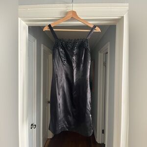 Gunne Sax Black Satin Lace-Trim Slip Dress